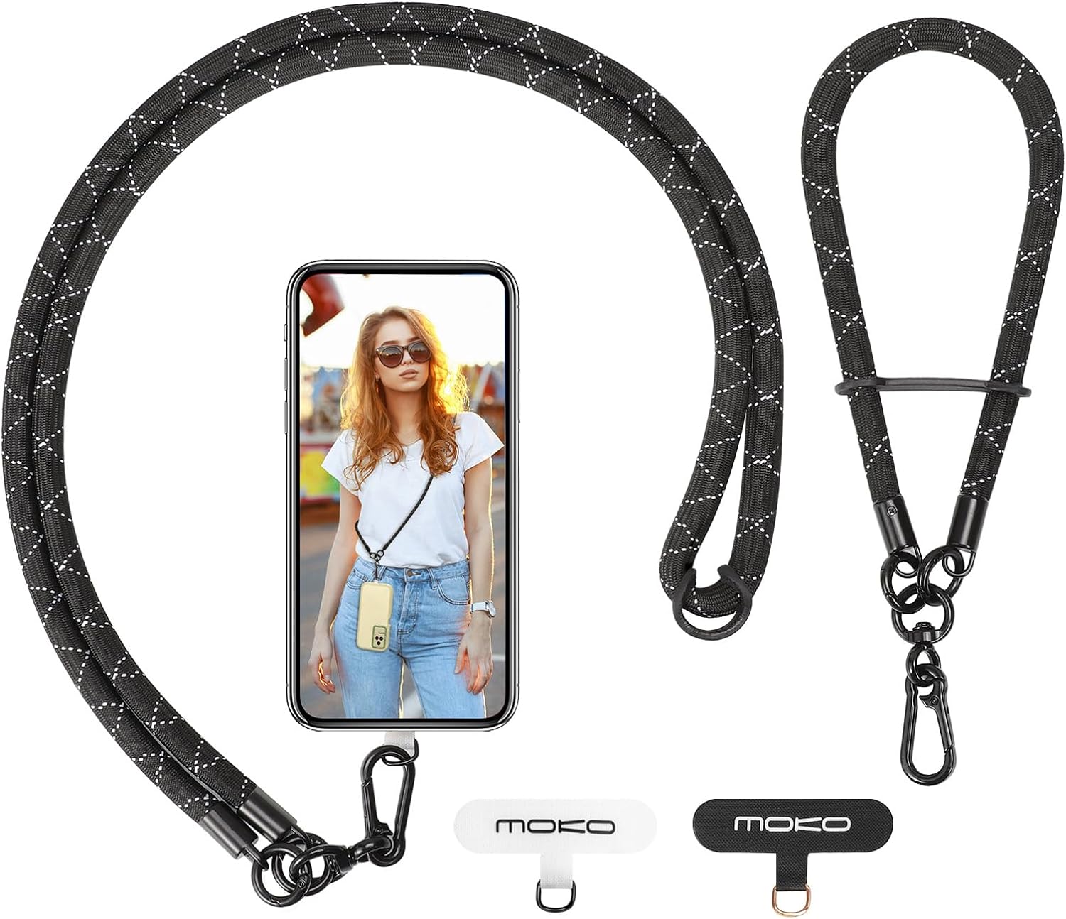 MoKo Crossbody Phone Lanyard, Adjustable Cell Phone Lanyard, Premium 8mm Thick Rope Mobile Phone Lanyard for iPhone, Samsung,and More | Phone Neck Strap×1, Wrist Strapx1, Lanyard Patch×2, Black