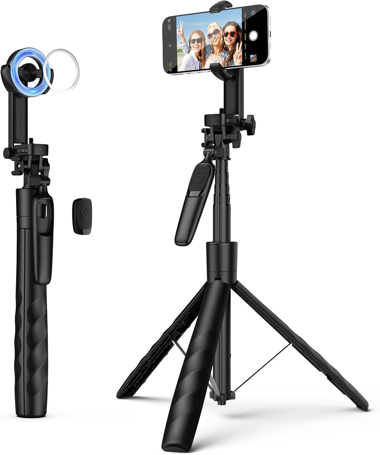 MoKo 68" Magnetic Selfie Stick Compatible with MagSafe, Extendable Rotatable Phone Tripod Stand with Remote for iPhone 15 14 13 12 and All Phones with Metal Ring, Fit for Selfie/Photo/Live/Vlog, Black