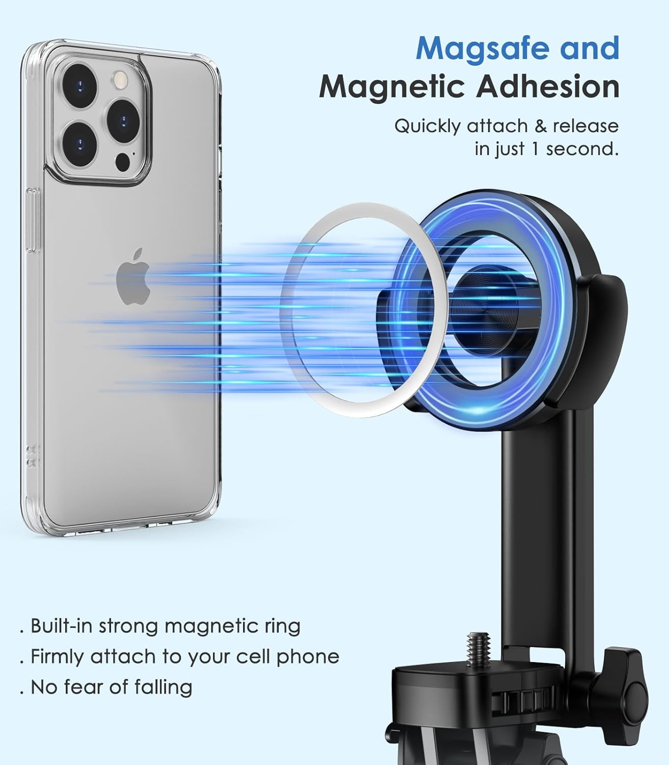 MoKo 68" Magnetic Selfie Stick Compatible with MagSafe, Extendable Rotatable Phone Tripod Stand with Remote for iPhone 15 14 13 12 and All Phones with Metal Ring, Fit for Selfie/Photo/Live/Vlog, Black