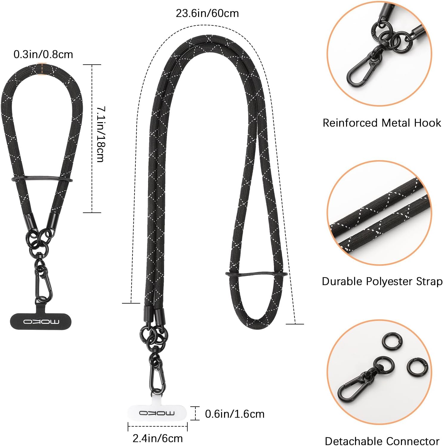 MoKo Crossbody Phone Lanyard, Adjustable Cell Phone Lanyard, Premium 8mm Thick Rope Mobile Phone Lanyard for iPhone, Samsung,and More | Phone Neck Strap×1, Wrist Strapx1, Lanyard Patch×2, Black