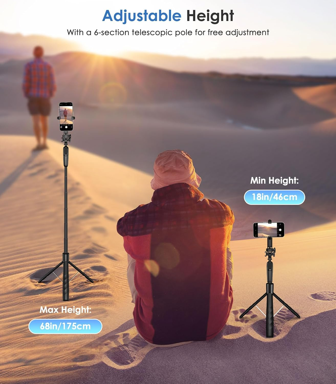 MoKo 68" Magnetic Selfie Stick Compatible with MagSafe, Extendable Rotatable Phone Tripod Stand with Remote for iPhone 15 14 13 12 and All Phones with Metal Ring, Fit for Selfie/Photo/Live/Vlog, Black