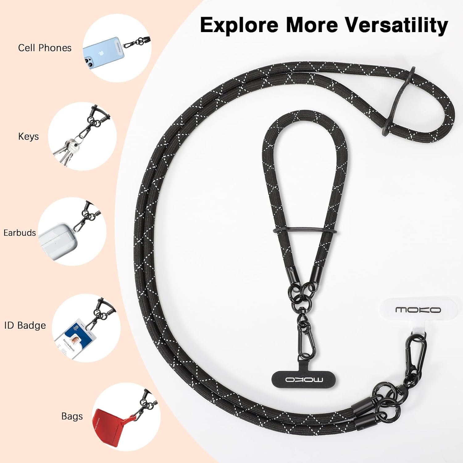 MoKo Crossbody Phone Lanyard, Adjustable Cell Phone Lanyard, Premium 8mm Thick Rope Mobile Phone Lanyard for iPhone, Samsung,and More | Phone Neck Strap×1, Wrist Strapx1, Lanyard Patch×2, Black