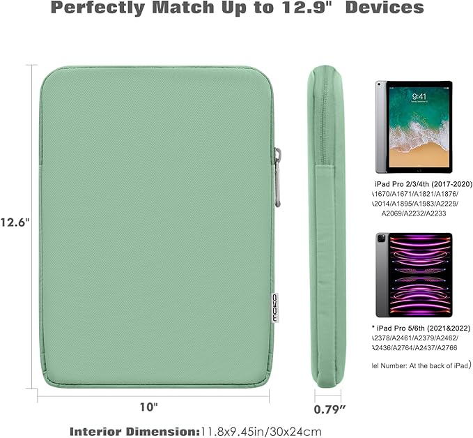 MoKo 12.9 Inch Tablet Sleeve Fits 13 Inch New iPad Pro M4 & Air M2 2024,iPad Pro 12.9 M2&M1,Galaxy Tab S8+/S9+ 12.4,Surface Laptop Go,Polyester Bag Fit with Apple Pencil or Smart Keyboard, Bodhi Green