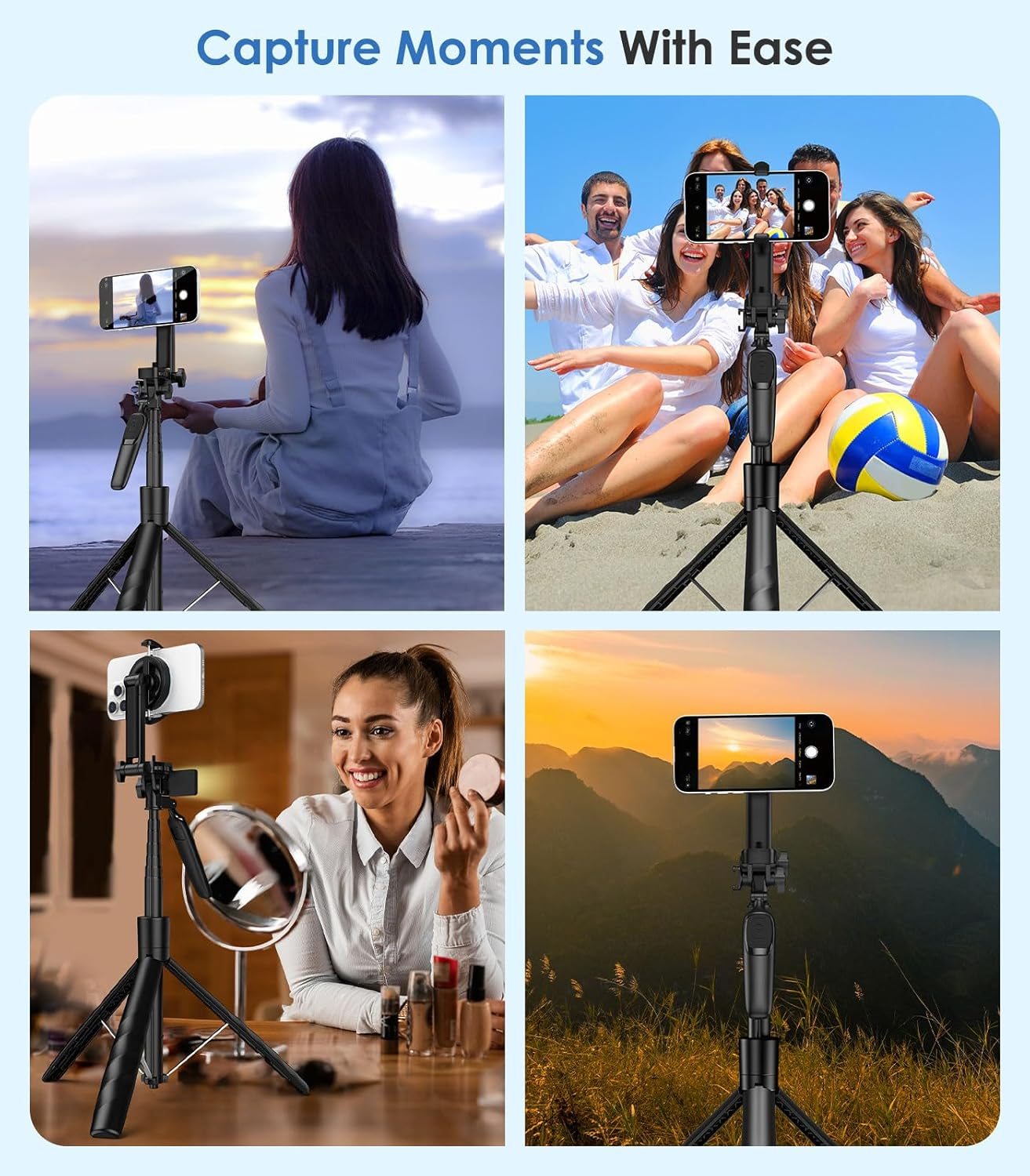 MoKo 68" Magnetic Selfie Stick Compatible with MagSafe, Extendable Rotatable Phone Tripod Stand with Remote for iPhone 15 14 13 12 and All Phones with Metal Ring, Fit for Selfie/Photo/Live/Vlog, Black