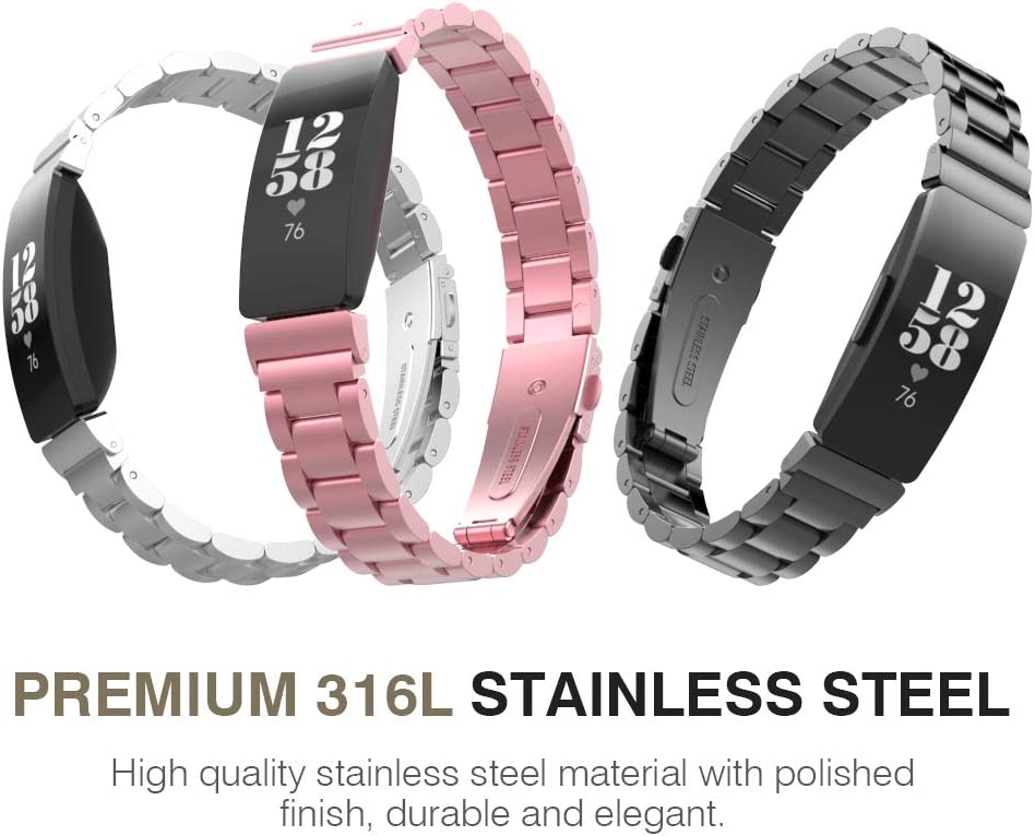 MoKo Stainless Steel Watch Band Compatible with Fitbit Inspire/Inspire HR/Inspire 2 Smart Watch, Metal Strap Replacement Bracelet Wristband with Watch Lugs - Rose Pink