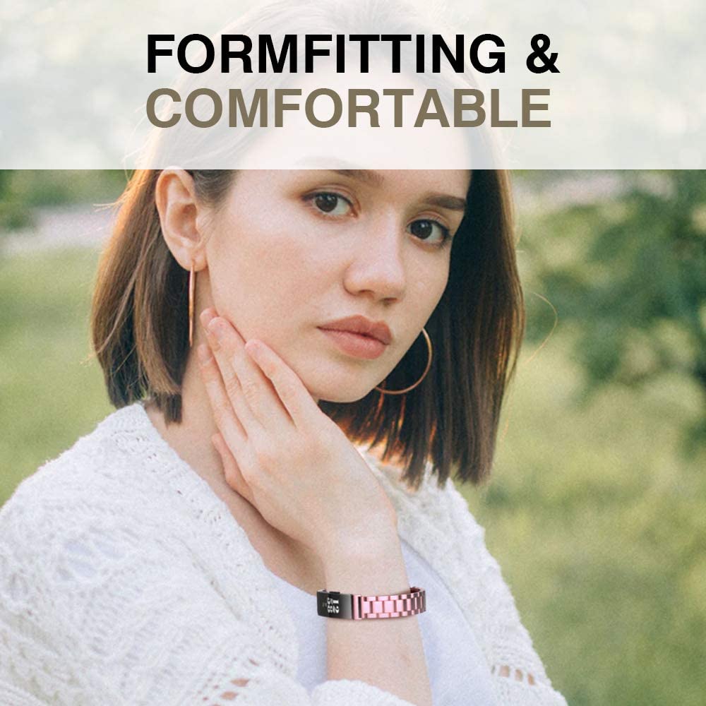 MoKo Stainless Steel Watch Band Compatible with Fitbit Inspire/Inspire HR/Inspire 2 Smart Watch, Metal Strap Replacement Bracelet Wristband with Watch Lugs - Rose Pink