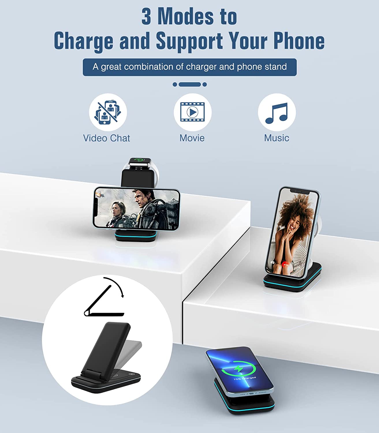 MoKo 3 in 1 Foldable Wireless Charger Stand, 15W Fast Charging Station Qi Phone Charger Dock Compatible with iPhone 13/12/Pro/SE/11/X/XS/XR/Samsung Galaxy/Apple Watch SE/7/6/5/4/3/2, AirPods 3/2/Pro