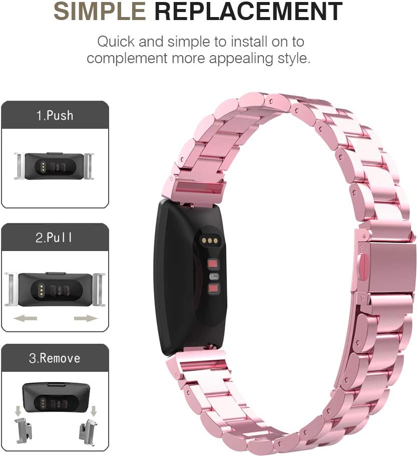 MoKo Stainless Steel Watch Band Compatible with Fitbit Inspire/Inspire HR/Inspire 2 Smart Watch, Metal Strap Replacement Bracelet Wristband with Watch Lugs - Rose Pink