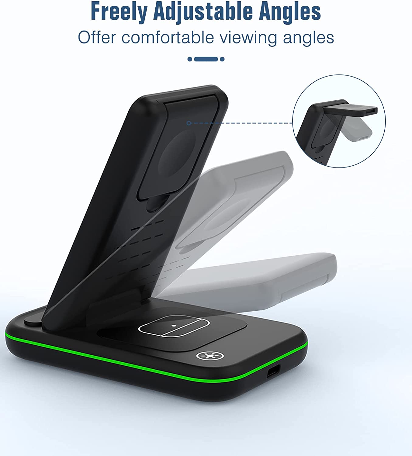 MoKo 3 in 1 Foldable Wireless Charger Stand, 15W Fast Charging Station Qi Phone Charger Dock Compatible with iPhone 13/12/Pro/SE/11/X/XS/XR/Samsung Galaxy/Apple Watch SE/7/6/5/4/3/2, AirPods 3/2/Pro