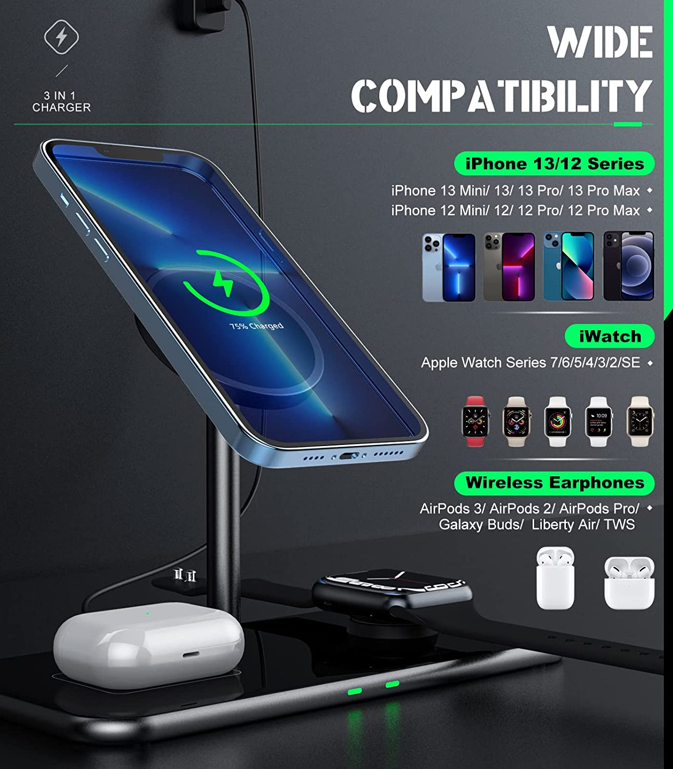 MoKo 3 in 1 Magnetic Wireless Charger Stand, 15W Aluminum Charger Dock Fast Charging Station Compatible with Magsafe iPhone 13/12/Pro/Pro Max/Apple Watch Series SE/7/6/5/4/3/2/AirPods 3/2/Pro