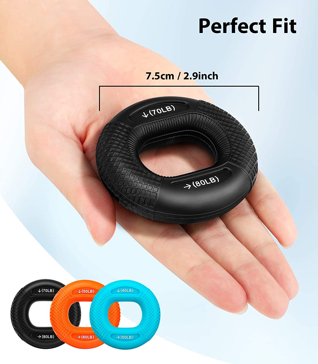 MoKo Hand Grip Exerciser Strengthener Ring, 3 Pack Finger Physical Hand Gripper Wrist Forearm Workout Trainer Silicone Gripper for Hand Exercising (20/30LB,30/40LB,40/50LB)/(40/50LB,50/60LB,70/80LB)