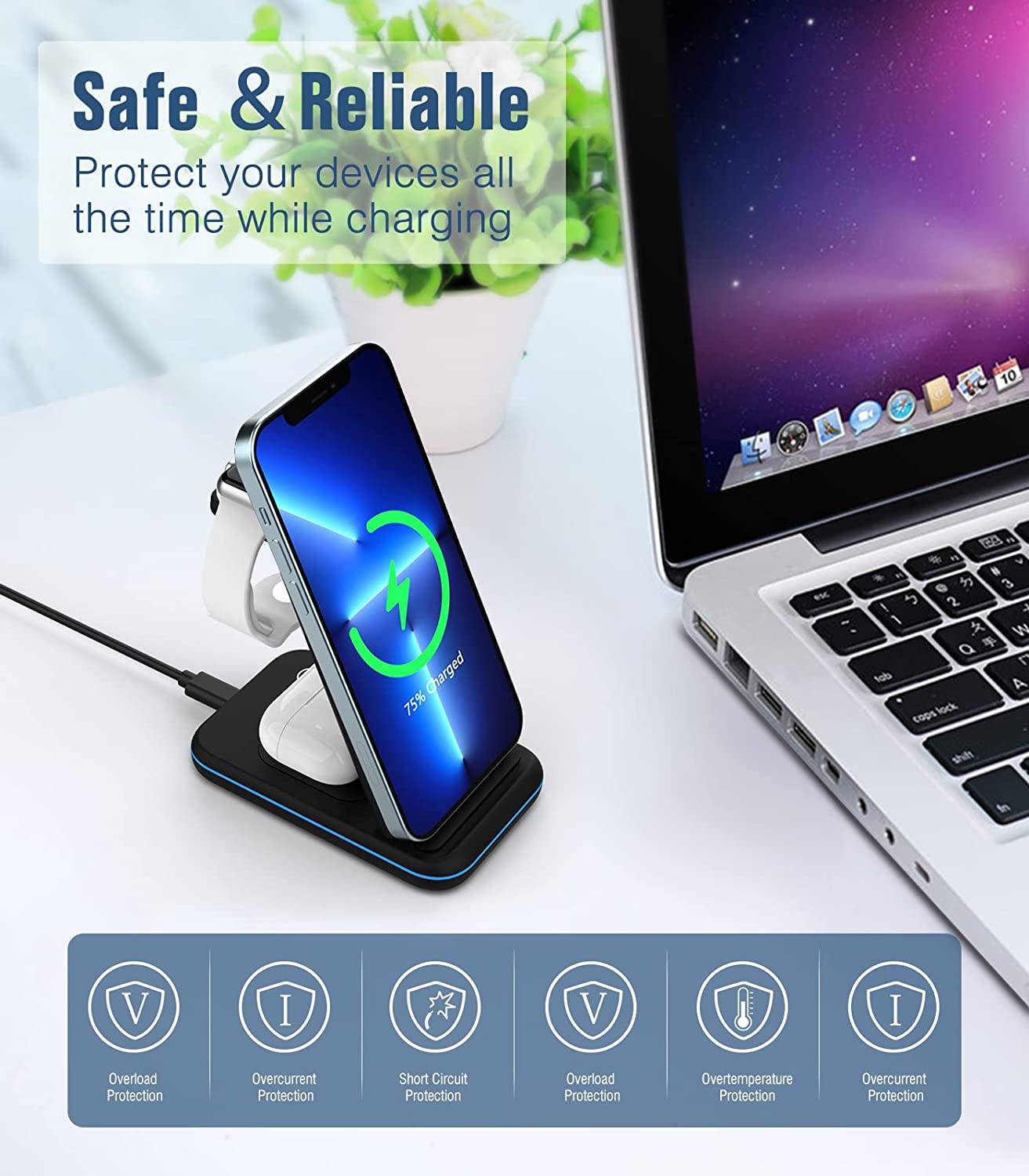 MoKo 3 in 1 Foldable Wireless Charger Stand, 15W Fast Charging Station Qi Phone Charger Dock Compatible with iPhone 13/12/Pro/SE/11/X/XS/XR/Samsung Galaxy/Apple Watch SE/7/6/5/4/3/2, AirPods 3/2/Pro