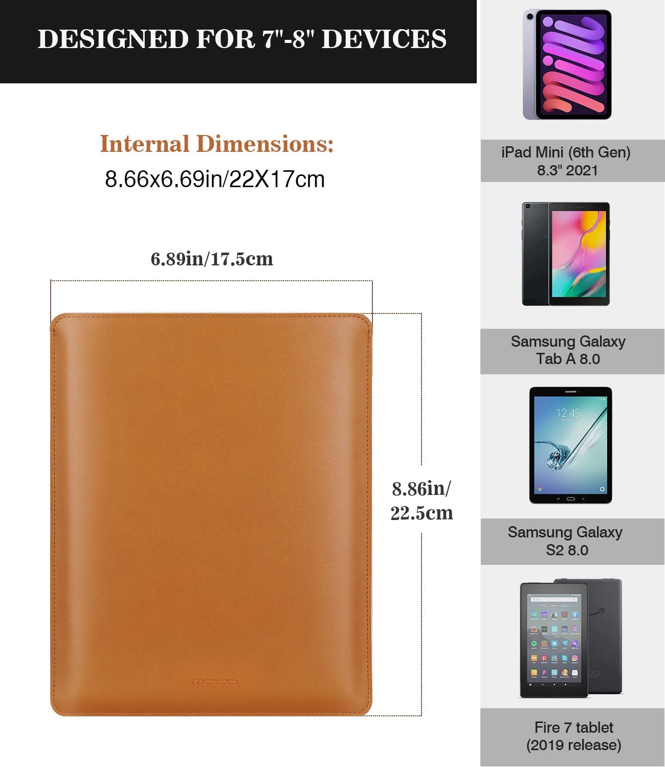 MoKo 7-8 Inch Tablet Sleeve, PU Leather Briefcase Slim Stylish Case Pouch Fit with iPad Mini (6th Gen) 8.3" 2021, iPad Mini 5/4/3/2/1, Galaxy Tab S2 8.0, Tab A 8.0, ZenPad Z8s 7.9, Brown