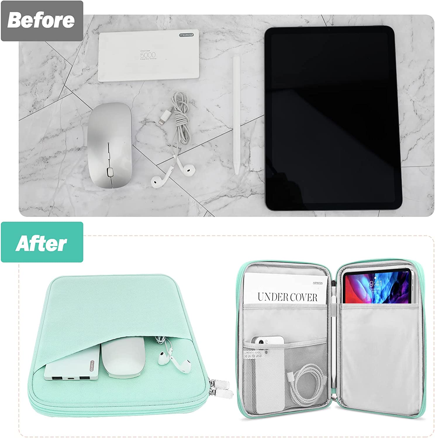 MoKo 9-11 Inch Tablet Sleeve Case, Fits iPad air 5 10.9" 2022, iPad Pro 11 2021-2018, iPad 10.2 2021-2019, iPad Air 4 10.9, Tab S8/A7, Protective Bag Carrying Case with Pocket, Mint Green