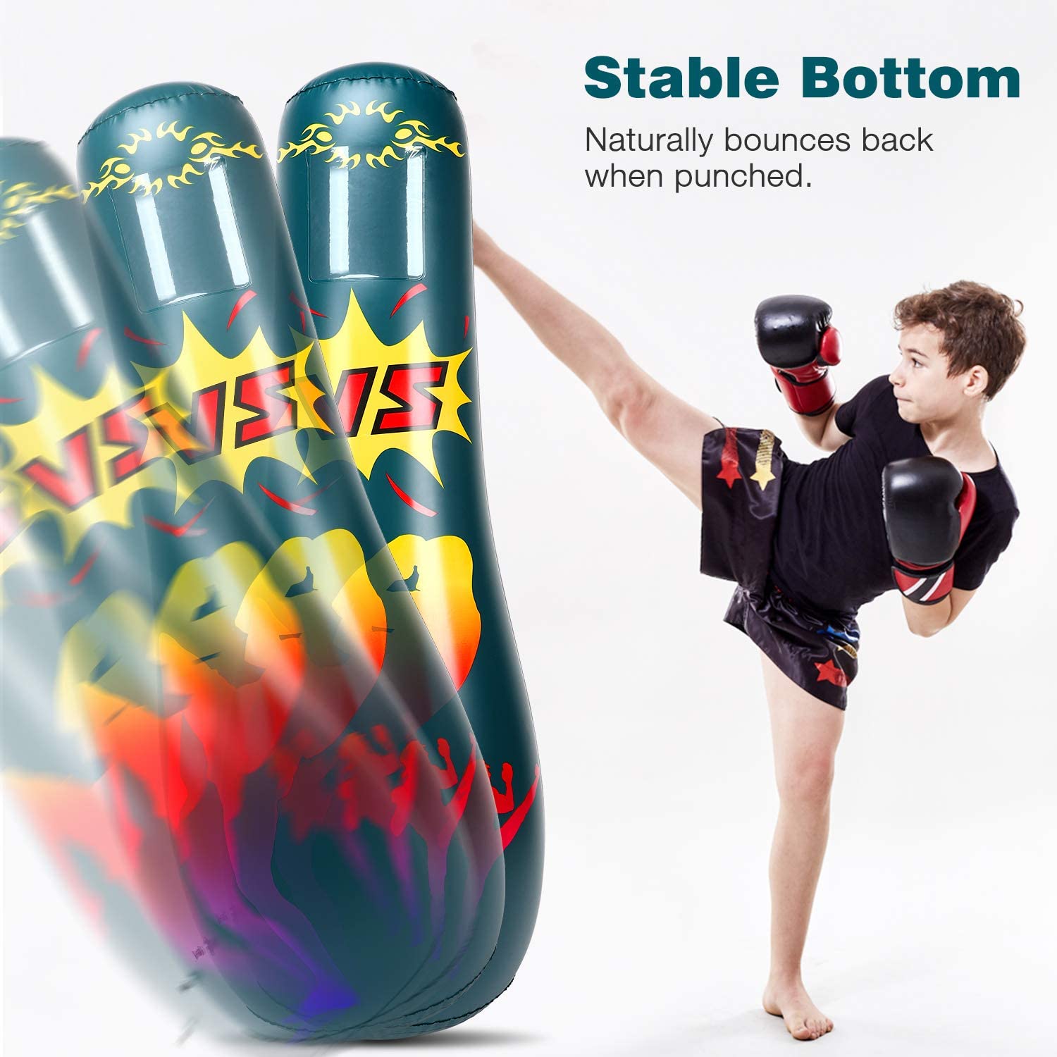 MoKo Inflatable Punching Bag, Punching Bag for Kids Adults Free Standing Boxing Bag Kids Punching Bag Fitness Punching Bag Column Tumbler Sandbag for Karate Taekwondo Decompression Kick Training, Blue