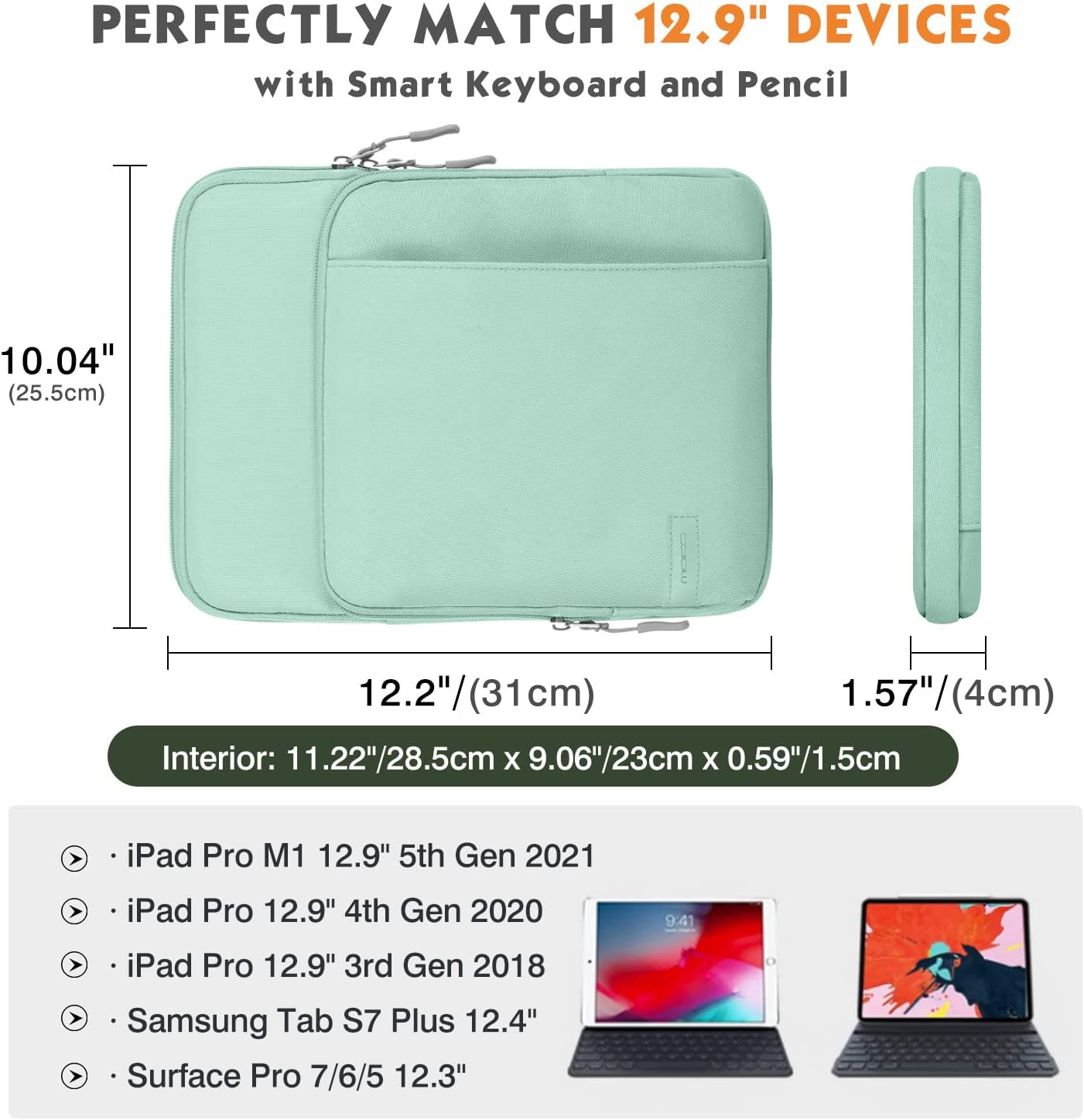 MoKo 12.9 Inch Tablet Sleeve Bag Carrying Case with Pockets Fits iPad Pro 12.9 2021/2020/2018,Surface Laptop Go 12.4",Galaxy Tab S8+ 12.4", Mint Green