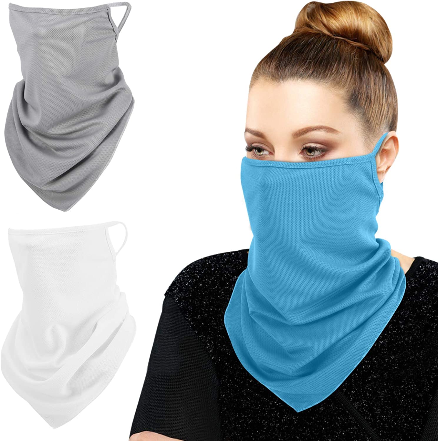 MoKo Scarf Mask Bandana with Ear Loops 3 Pack, Neck Gaiter Balaclava Dust UV Sun Protection Outdoors Face Mask for Women Men