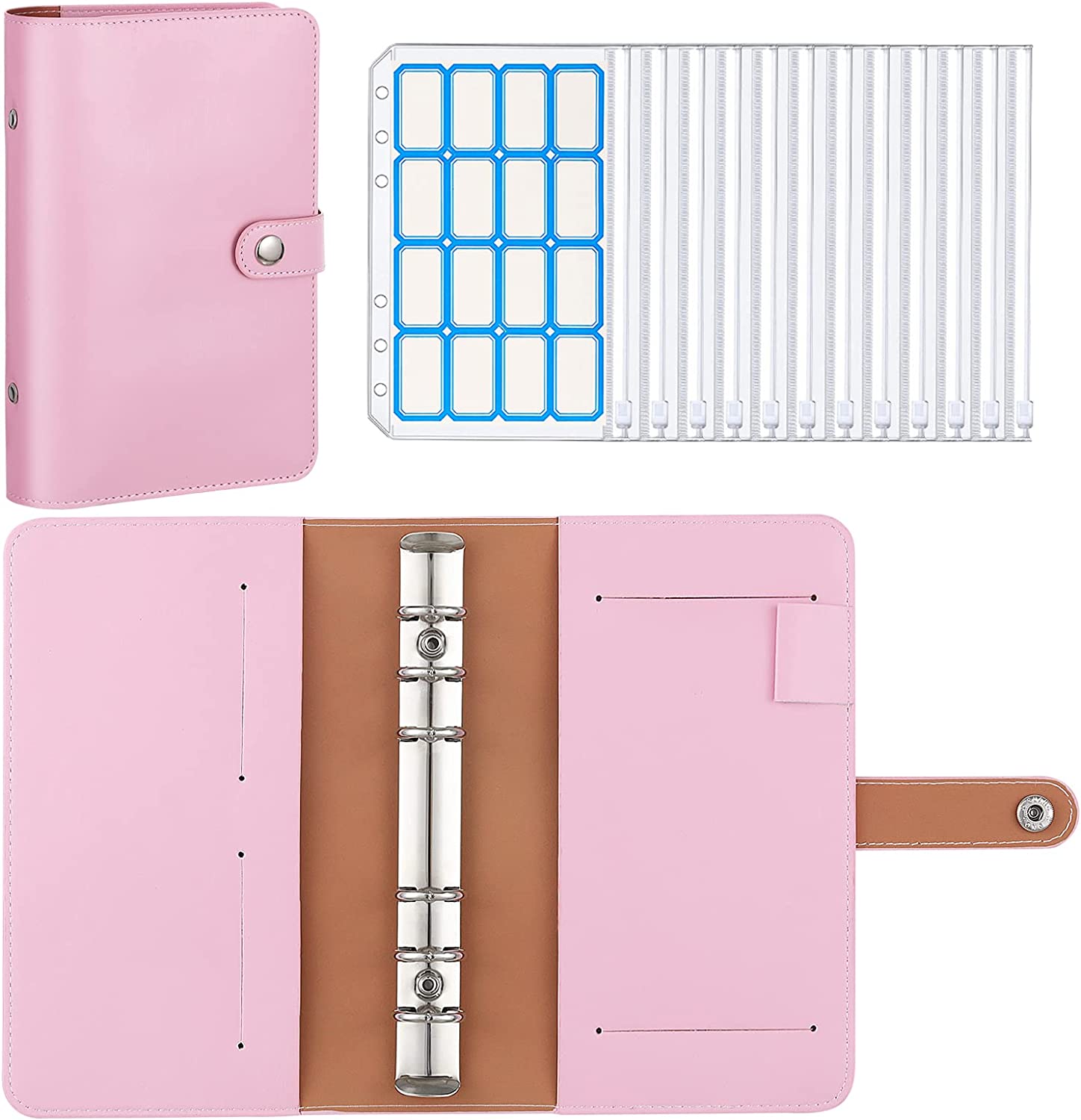 MoKo Budget Binder with Zipper Envelopes,A6 Binder Notebook,6-Ring Loose-Leaf PU Leather Binder Cover Folder Budget Planner with 12-Pack Clear Cash Envelopes Pockets & Label Stickers,Light Blue