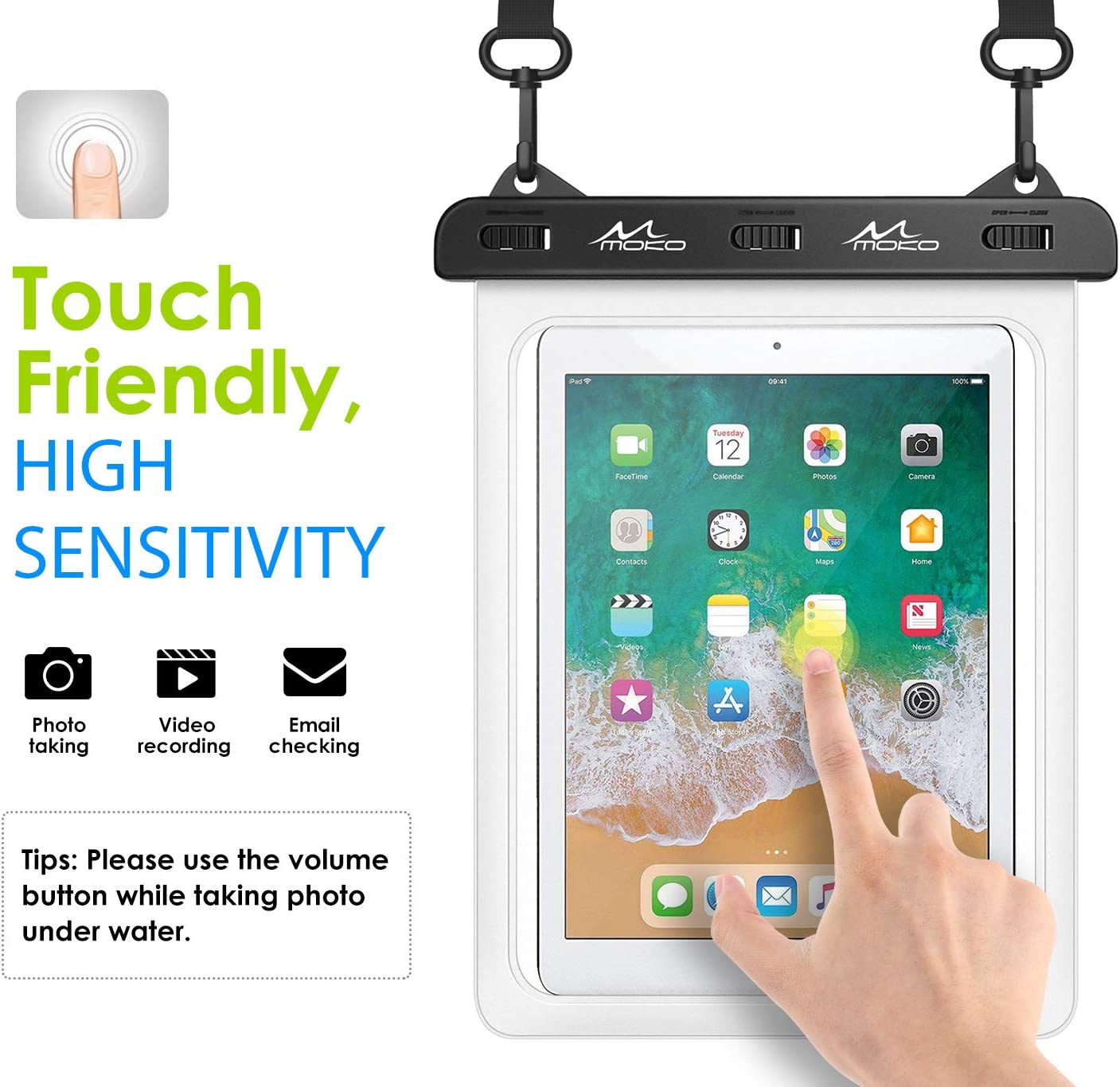 MoKo Waterproof Tablet Case, Tablet Pouch Dry Bag Fit iPad 9, iPad 10.2 2020, iPad Mini 6/5/4/3, iPad Air 5 10.9/4, Air 3 10.5, iPad Pro 11 2021/10.5, iPad 9.7, Galaxy Tab S6/S7, Tab A 9.7, up to 12"