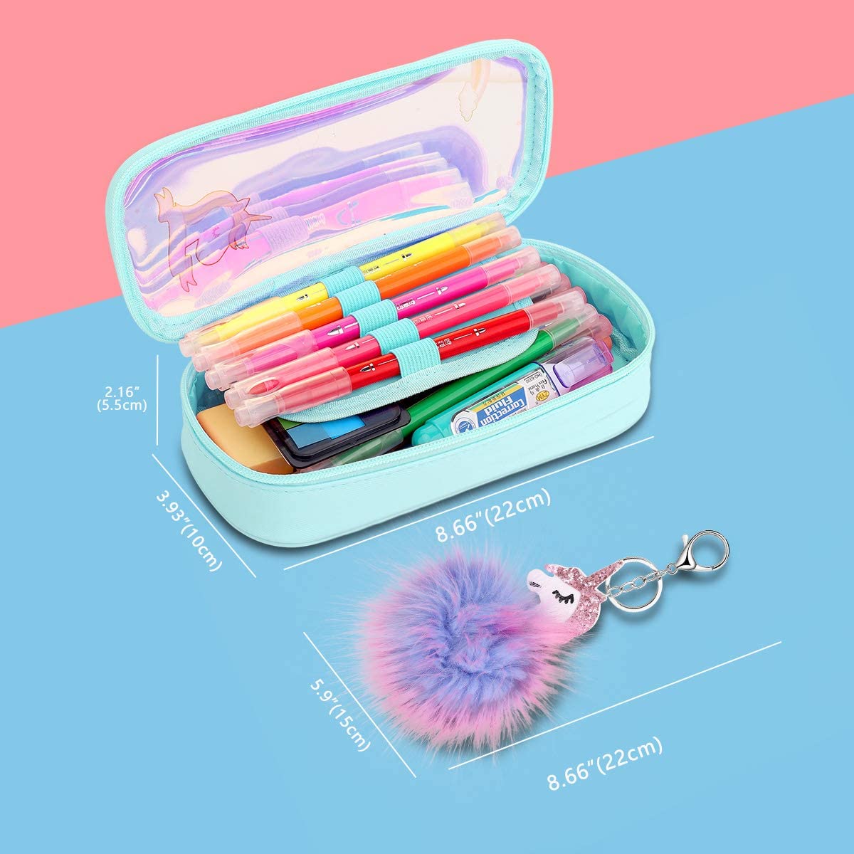 MoKo Pencil Case for Girls, Students Cute Pen Pencil Pouch Holder Desk Organizer with Double Zippers and Key Chains for Middle High School Office College Student Women Adult Teen - Blue