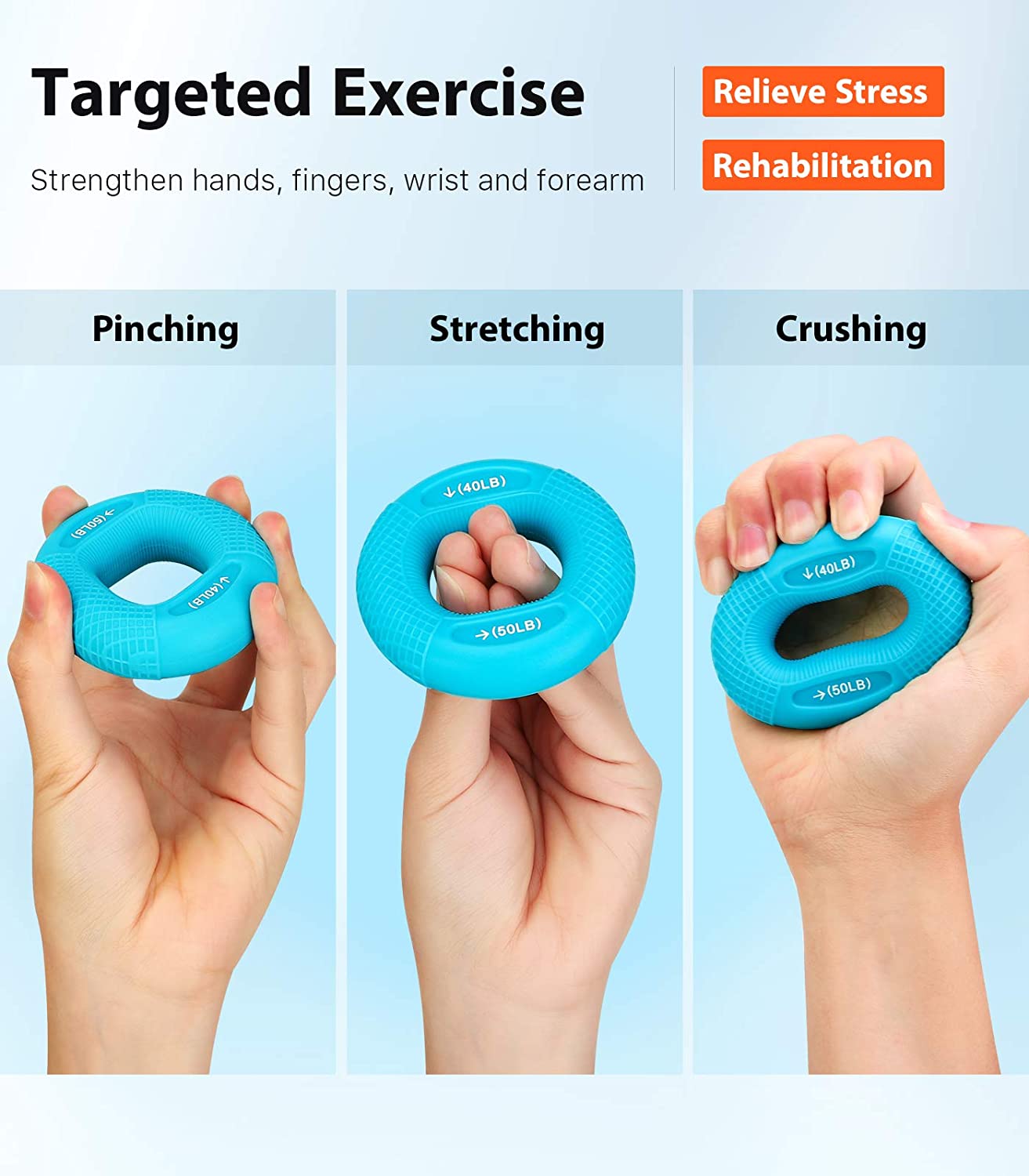 MoKo Hand Grip Exerciser Strengthener Ring, 3 Pack Finger Physical Hand Gripper Wrist Forearm Workout Trainer Silicone Gripper for Hand Exercising (20/30LB,30/40LB,40/50LB)/(40/50LB,50/60LB,70/80LB)