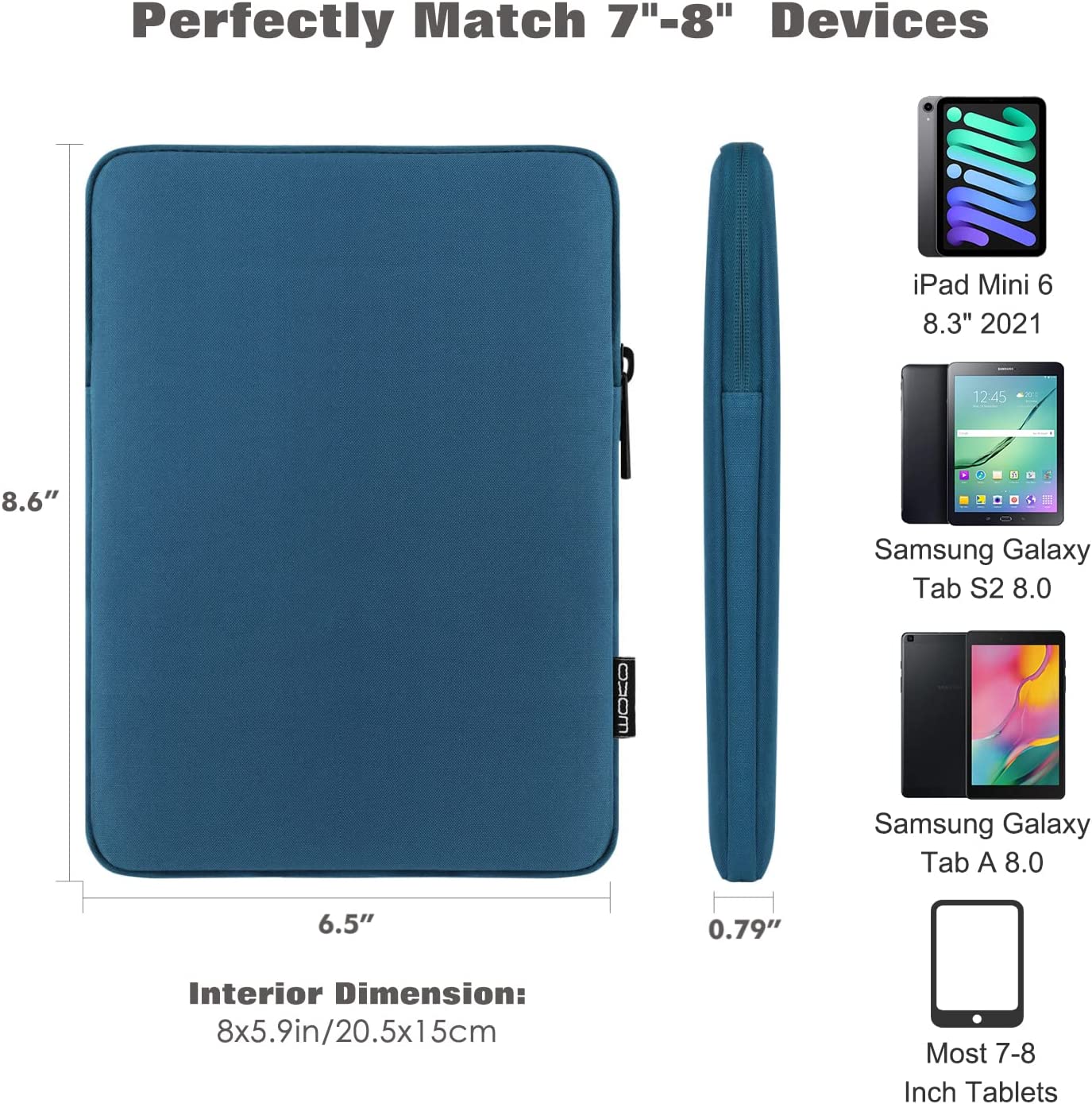 MoKo 7-8 Inch Tablet Sleeve Bag, Polyester Pouch Cover Case Fits iPad Mini (6th Gen) 8.3" 2021, iPad Mini 5/4/3/2/1, Samsung Galaxy Tab S2 8.0, Tab A 8.0, ZenPad Z8s 7.9, Peacock Blue