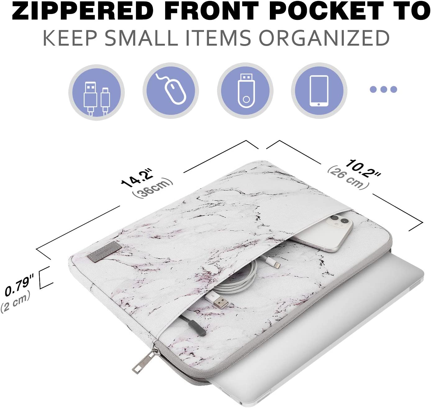 MoKo 13-13.3 Inch Laptop Sleeve Fits Tab S8+ 12.4", Surface pro 8 MacBook Pro M1 Pro/M1 Max 14.2 2021/Pro 13”, iPad Pro 12.9 2021/2020, Notebook Computer Case Cover Bag with Pocket, Marble