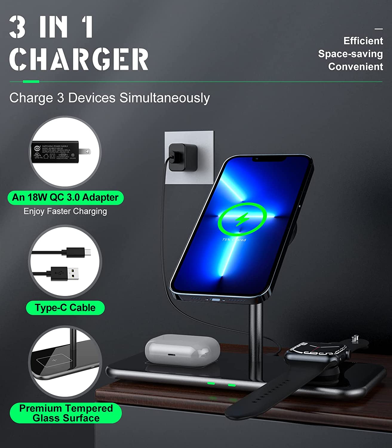 MoKo 3 in 1 Magnetic Wireless Charger Stand, 15W Aluminum Charger Dock Fast Charging Station Compatible with Magsafe iPhone 13/12/Pro/Pro Max/Apple Watch Series SE/7/6/5/4/3/2/AirPods 3/2/Pro
