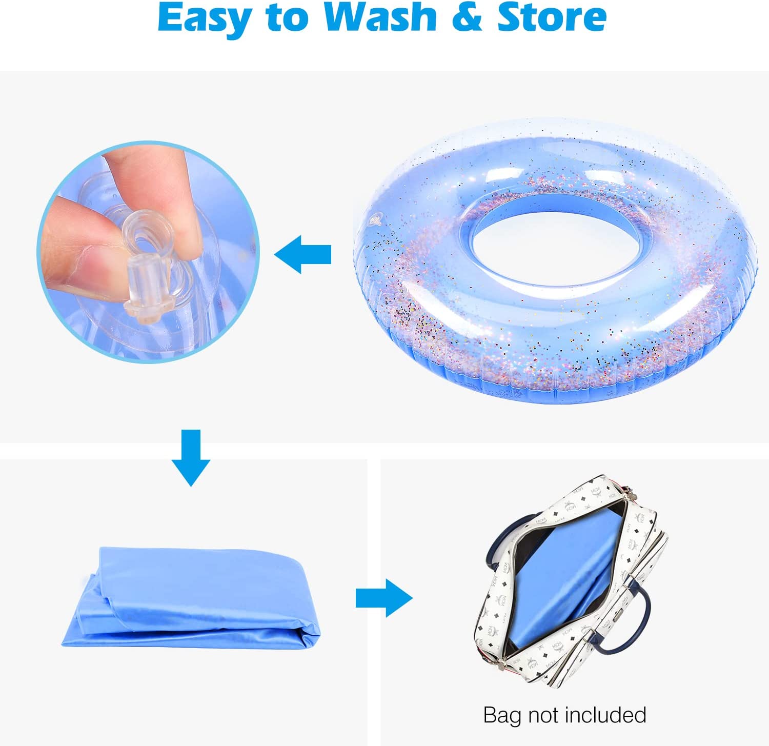 MoKo Swim Rings with Glitter, 90cm Diameter Inflatable Pool Float Swimming Pool Float Tube Round Shaped Swimming Tube Water Fun Beach Pool Toys for Summer Party for Kids Adults - Blue