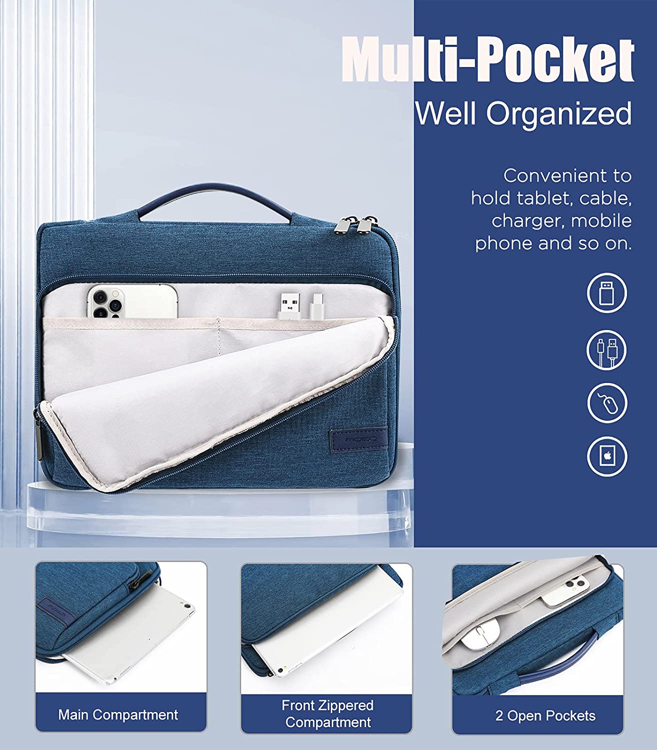 MoKo 9-11 Inch Tablet Sleeve Bag Carrying Case with Retractable Handle Fits iPad air 5 10.9" 2022, iPad Pro 11 2021-2018, iPad 9/8/7th Gen 10.2, Tab A 10.1/Tab S8+ 12.4", Indigo