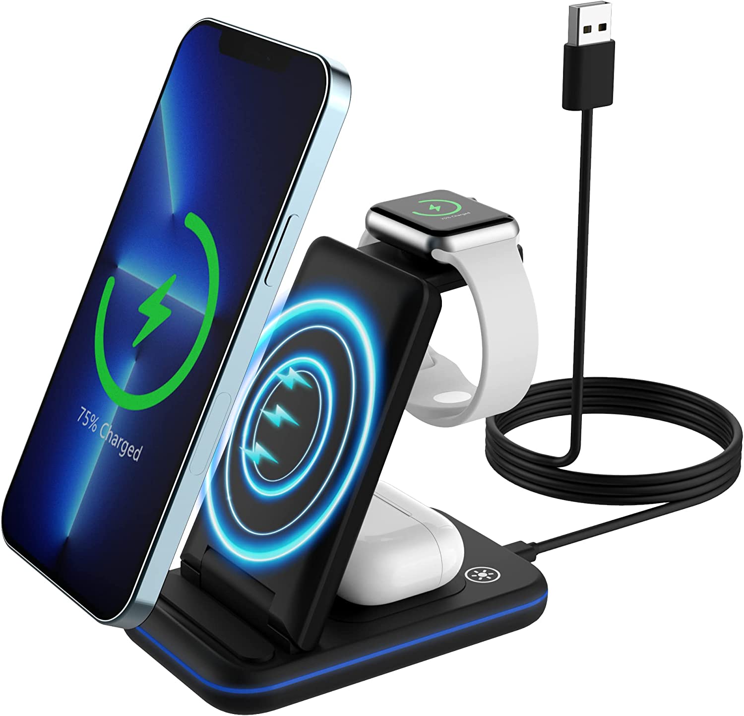MoKo 3 in 1 Foldable Wireless Charger Stand, 15W Fast Charging Station Qi Phone Charger Dock Compatible with iPhone 13/12/Pro/SE/11/X/XS/XR/Samsung Galaxy/Apple Watch SE/7/6/5/4/3/2, AirPods 3/2/Pro