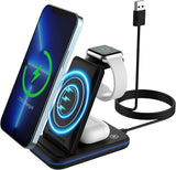 MoKo 3 in 1 Foldable Wireless Charger Stand, 15W Fast Charging Station Qi Phone Charger Dock Compatible with iPhone 13/12/Pro/SE/11/X/XS/XR/Samsung Galaxy/Apple Watch SE/7/6/5/4/3/2, AirPods 3/2/Pro