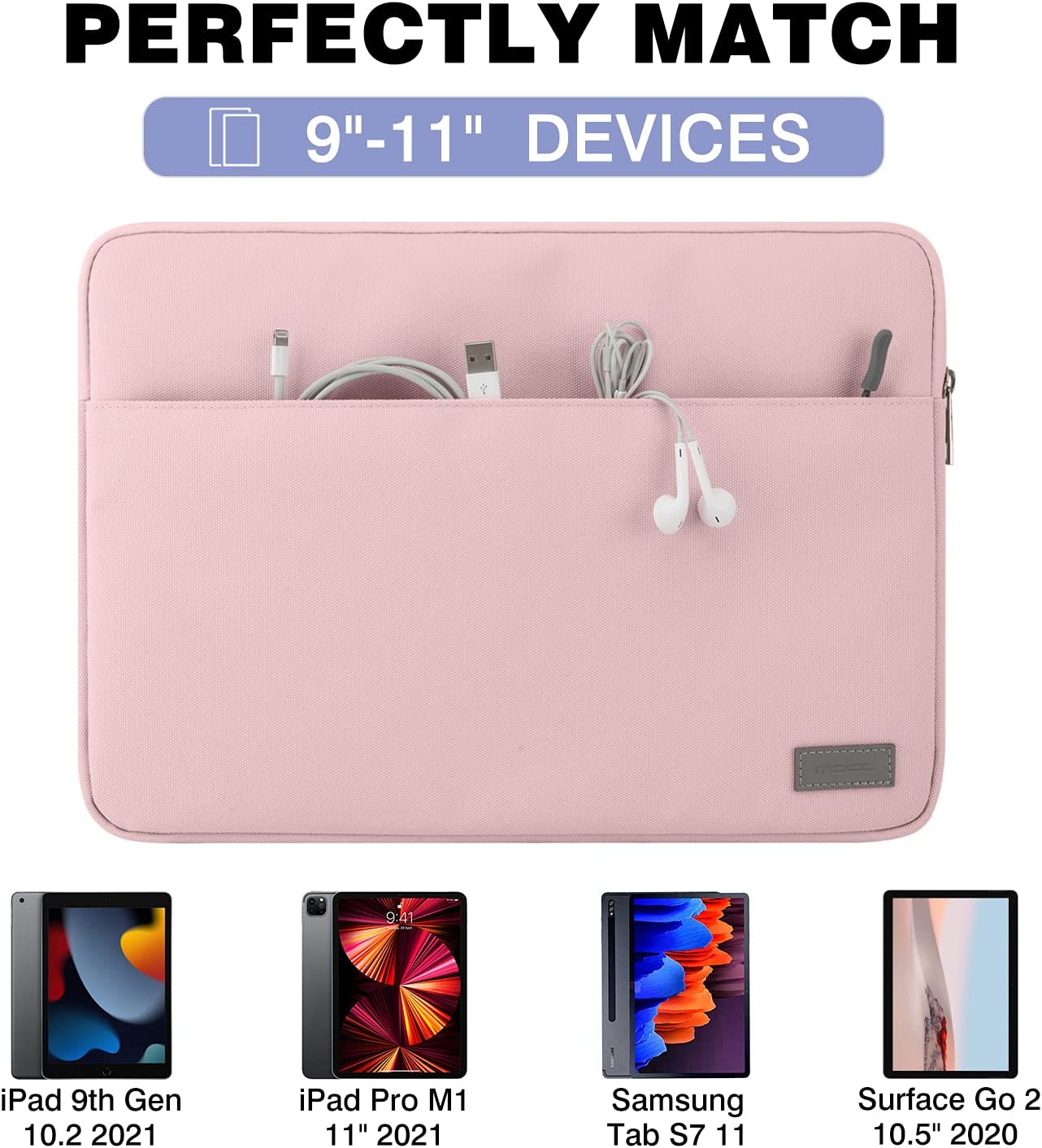 MoKo 11 Inch Tablet Sleeve Bag Carrying Case Fits iPad air 5 10.9 inch 2022, iPad Pro 11 2021-2018, iPad 9/8/7th Gen 10.2, iPad Air 4 10.9/Air 3 10.5, Tab S8 11"/Tab A 10.1, Tab S6, Pink