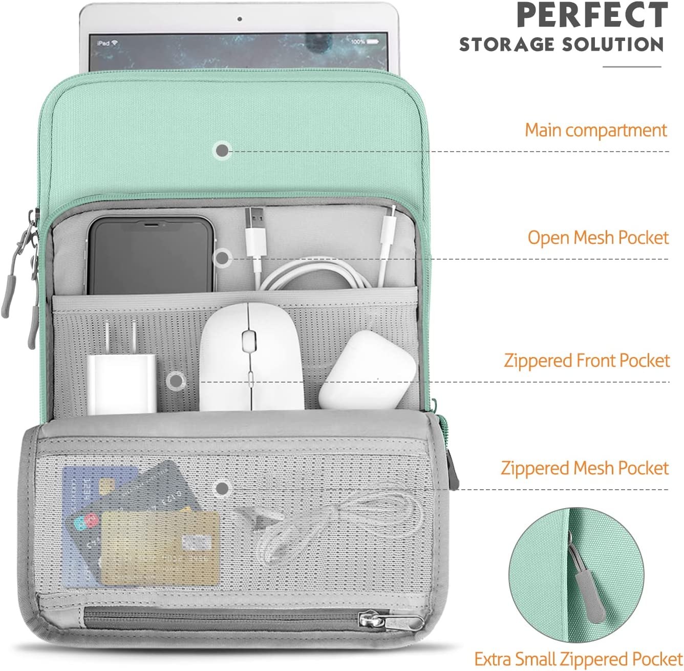 MoKo 9-11 Inch Tablet Sleeve Bag Carrying Case with Storage Pockets Fits iPad air 5 10.9" 2022, iPad Pro 11 2021/2020, iPad 9/8/7th Gen 10.2, iPad Air 4 10.9, Tab A 10.1, Tab S8 11", Mint Green