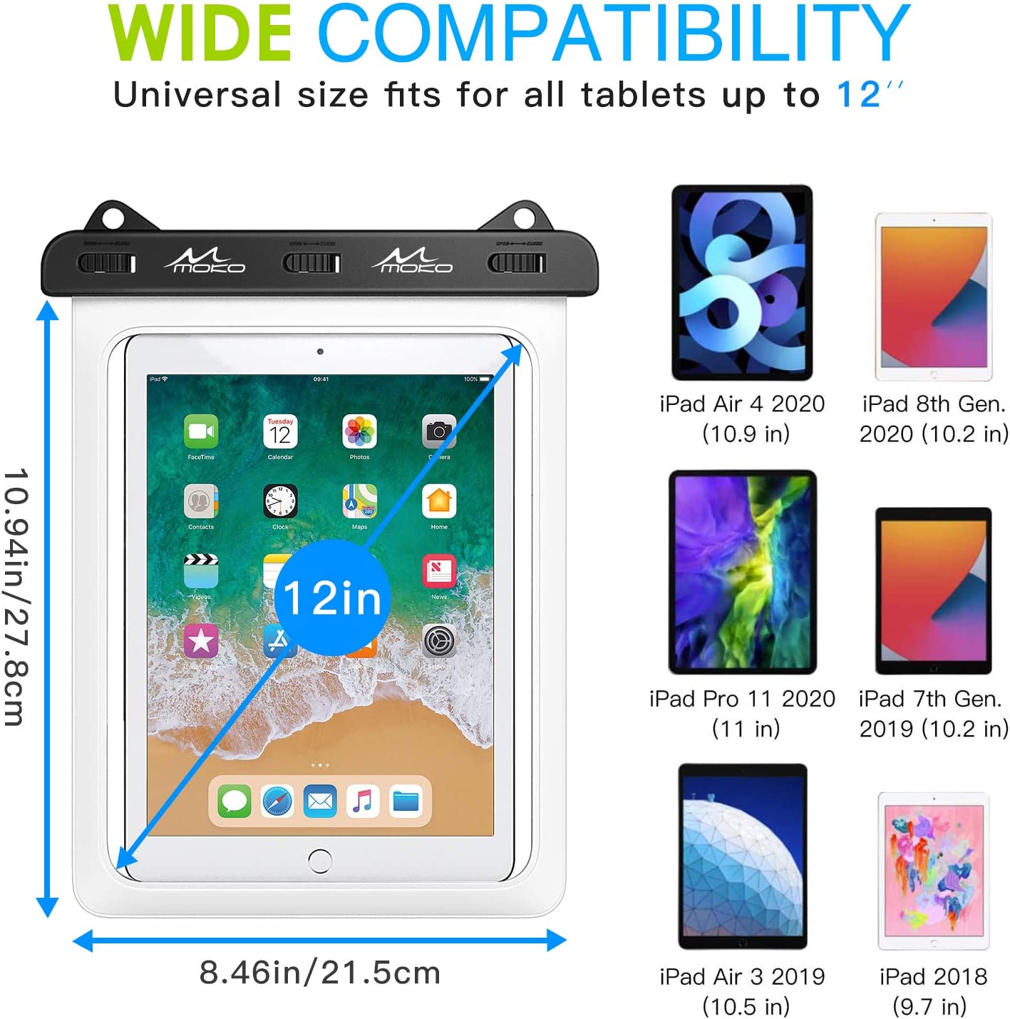 MoKo Waterproof Tablet Case, Tablet Pouch Dry Bag Fit iPad 9, iPad 10.2 2020, iPad Mini 6/5/4/3, iPad Air 5 10.9/4, Air 3 10.5, iPad Pro 11 2021/10.5, iPad 9.7, Galaxy Tab S6/S7, Tab A 9.7, up to 12"