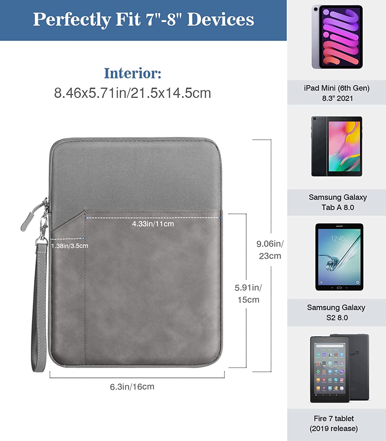 MoKo 7-8 Inch Tablet Sleeve Case, Double Pocket Stitching Case Fits iPad Mini (6th Gen) 8.3" 2021, iPad Mini 5/4/3/2/1, Samsung Galaxy Tab S2 8.0, Tab A 8.0, NeuTab 7", ZenPad Z8s 7.9, Light Gray