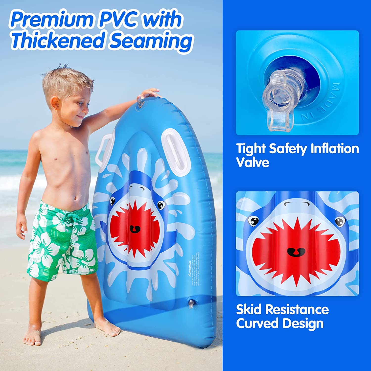 MoKo Inflatable Pool Floats Kickboard, Lightweight Swimming Inflatable Floating Bodyboard Surfboard with Handle Slip Slide Raft Surfing Board Summer Water Fun for Pool Beach Water Park, Blue & Shark