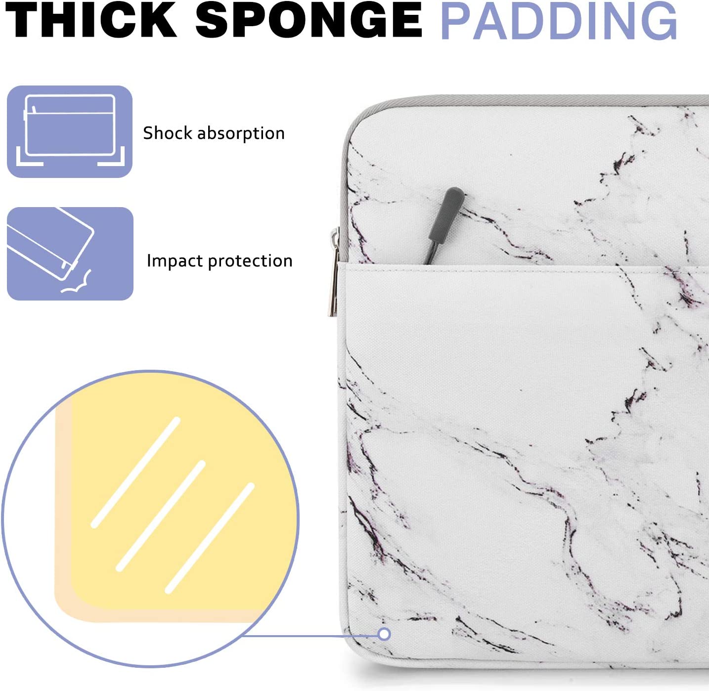 MoKo 13-13.3 Inch Laptop Sleeve Fits Tab S8+ 12.4", Surface pro 8 MacBook Pro M1 Pro/M1 Max 14.2 2021/Pro 13”, iPad Pro 12.9 2021/2020, Notebook Computer Case Cover Bag with Pocket, Marble