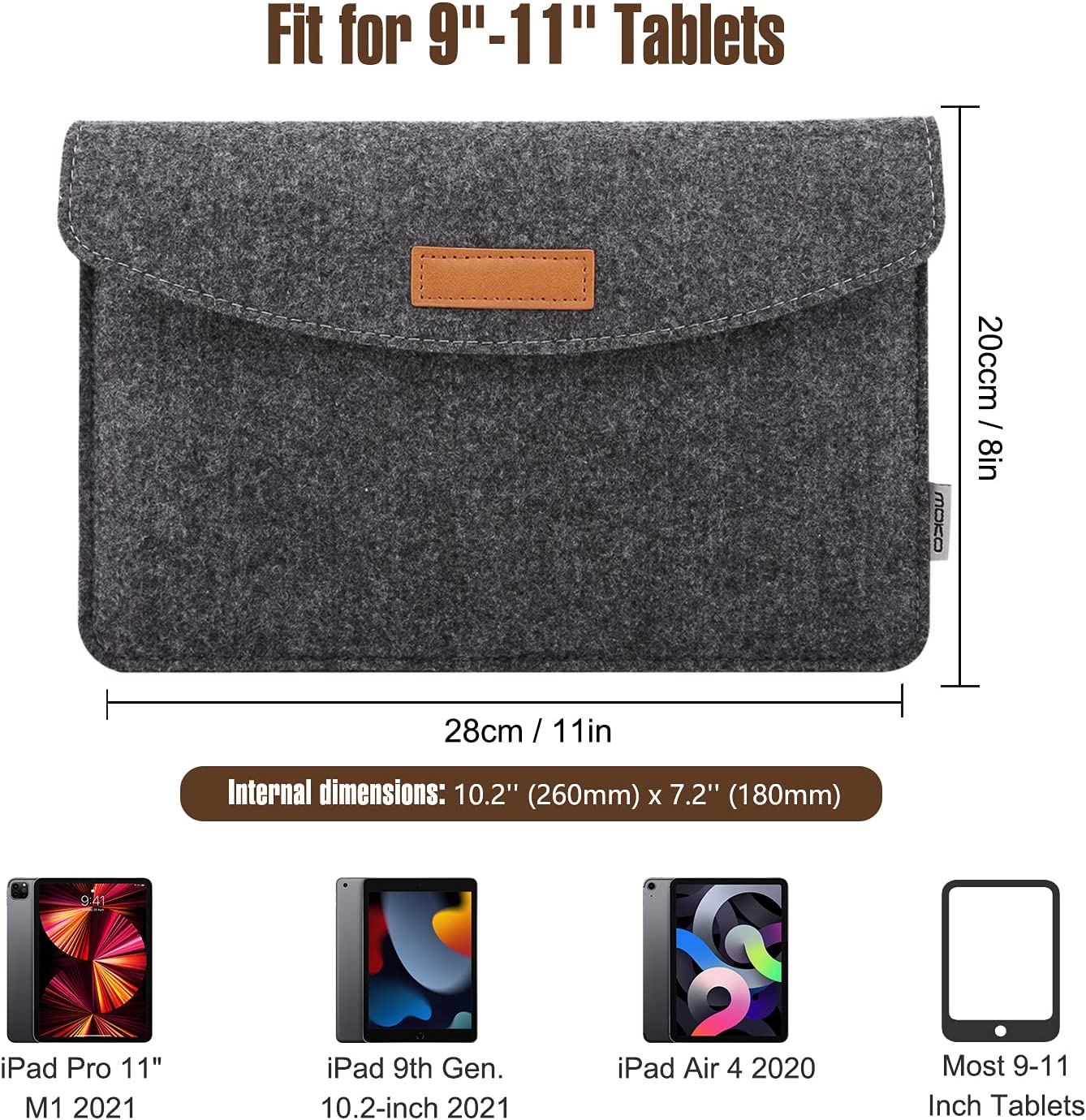 MoKo 9-11 Inch Felt Tablet Sleeve Bag Carrying Case Fits Tab S8 11", iPad Pro 11 2021-2018, iPad 9th 8th 7th Gen 10.2, iPad Air 4 10.9, iPad Air 3 10.5, iPad 9.7, Galaxy Tab A 10.1 - Dark Gray