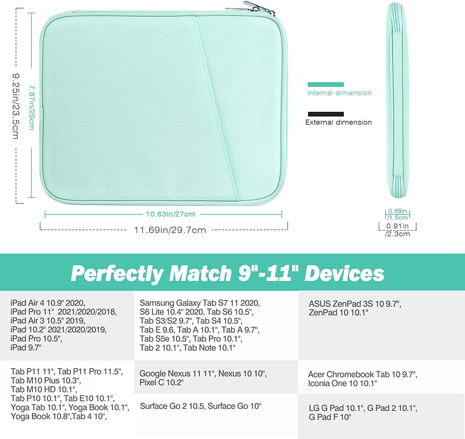 MoKo 9-11 Inch Tablet Sleeve Case, Fits iPad air 5 10.9" 2022, iPad Pro 11 2021-2018, iPad 10.2 2021-2019, iPad Air 4 10.9, Tab S8/A7, Protective Bag Carrying Case with Pocket, Mint Green