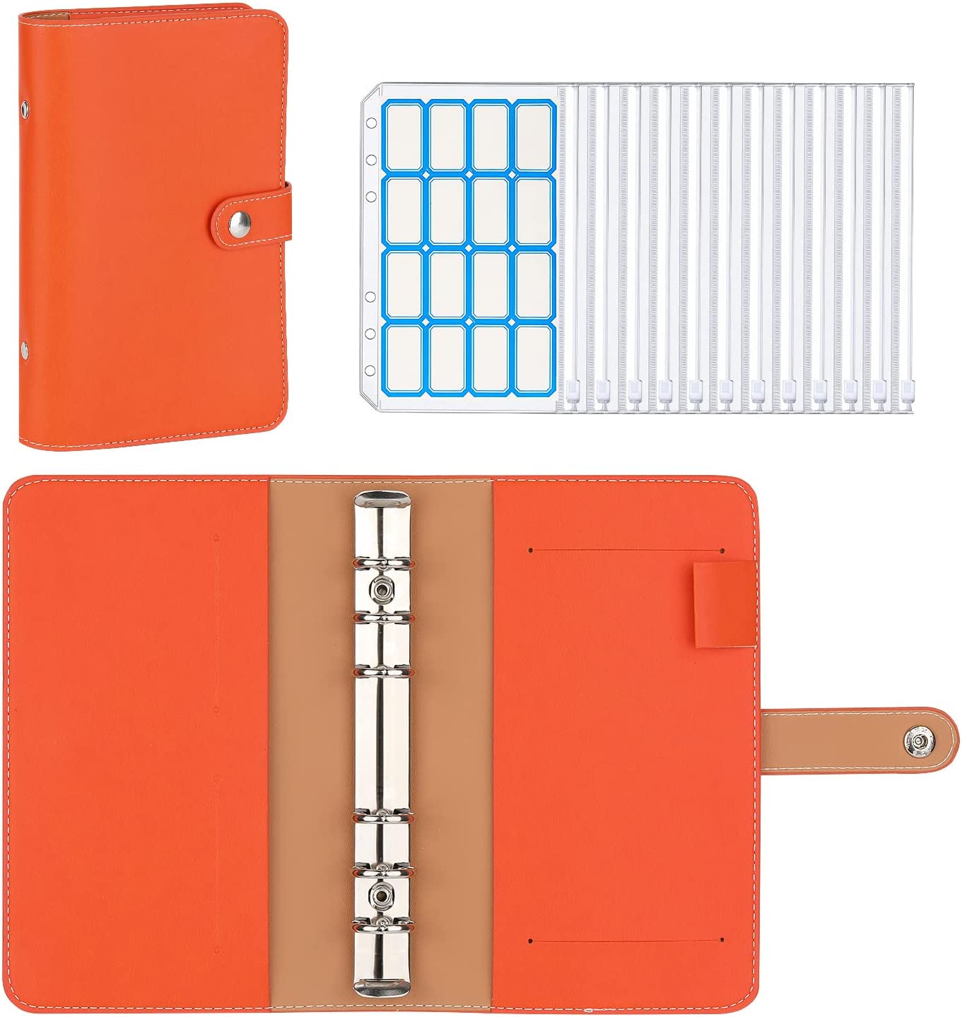 MoKo Budget Binder with Zipper Envelopes,A6 Binder Notebook,6-Ring Loose-Leaf PU Leather Binder Cover Folder Budget Planner with 12-Pack Clear Cash Envelopes Pockets & Label Stickers,Light Blue