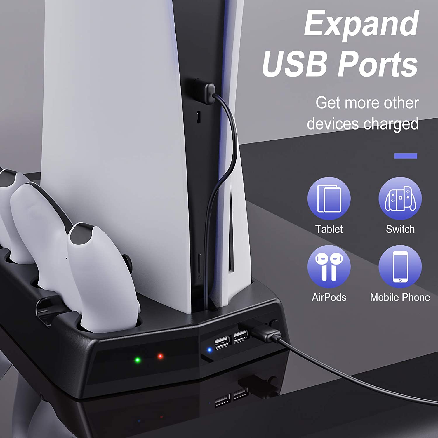 MoKo PS5 Cooling Stand with Charging Station and Suction Cooling Fan, Dual Controller Charging Station Compatible with Playstation 5 PS5 Console, Charging Dock Station with 14 Game Slots & 3 USB Ports