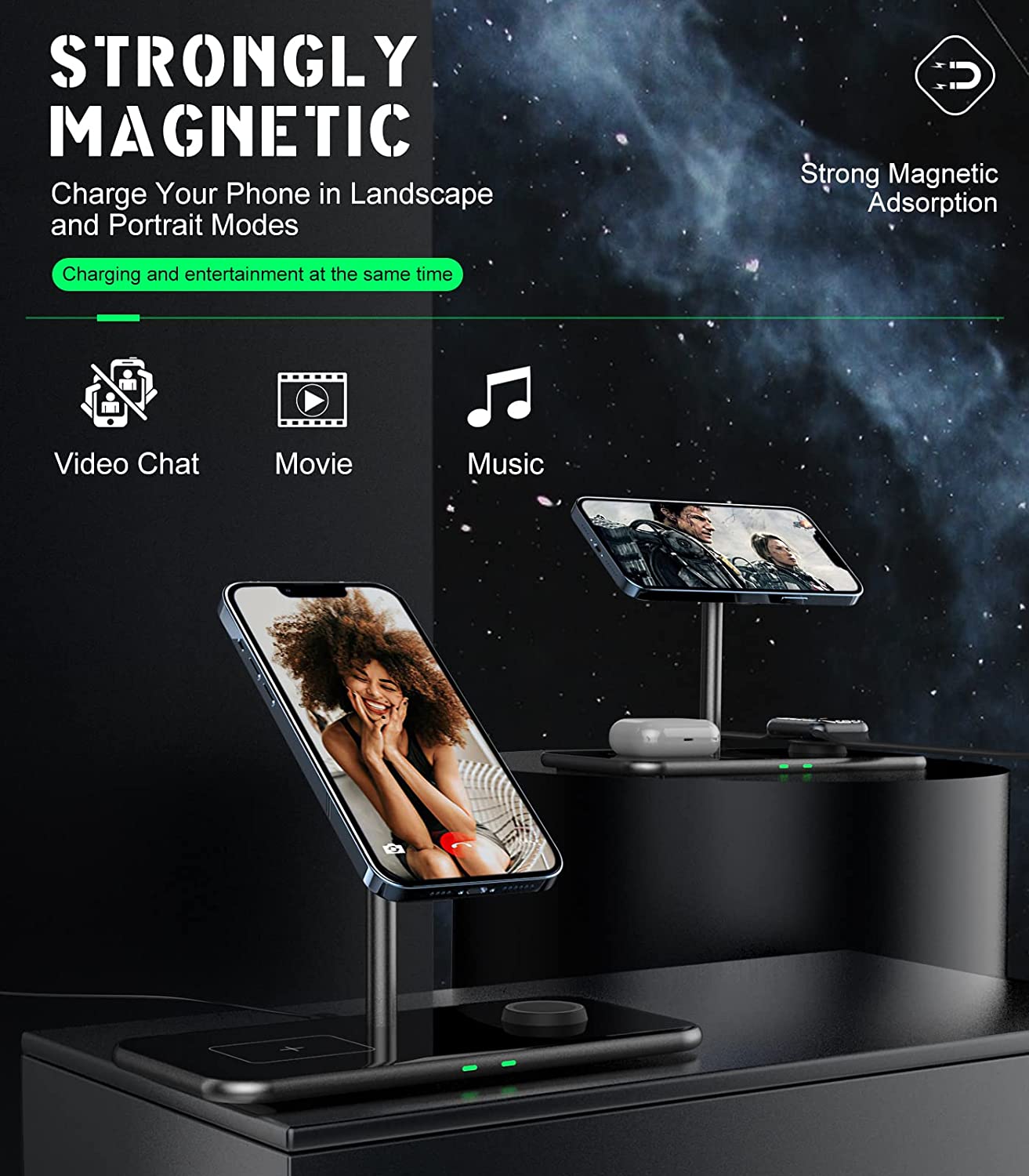 MoKo 3 in 1 Magnetic Wireless Charger Stand, 15W Aluminum Charger Dock Fast Charging Station Compatible with Magsafe iPhone 13/12/Pro/Pro Max/Apple Watch Series SE/7/6/5/4/3/2/AirPods 3/2/Pro