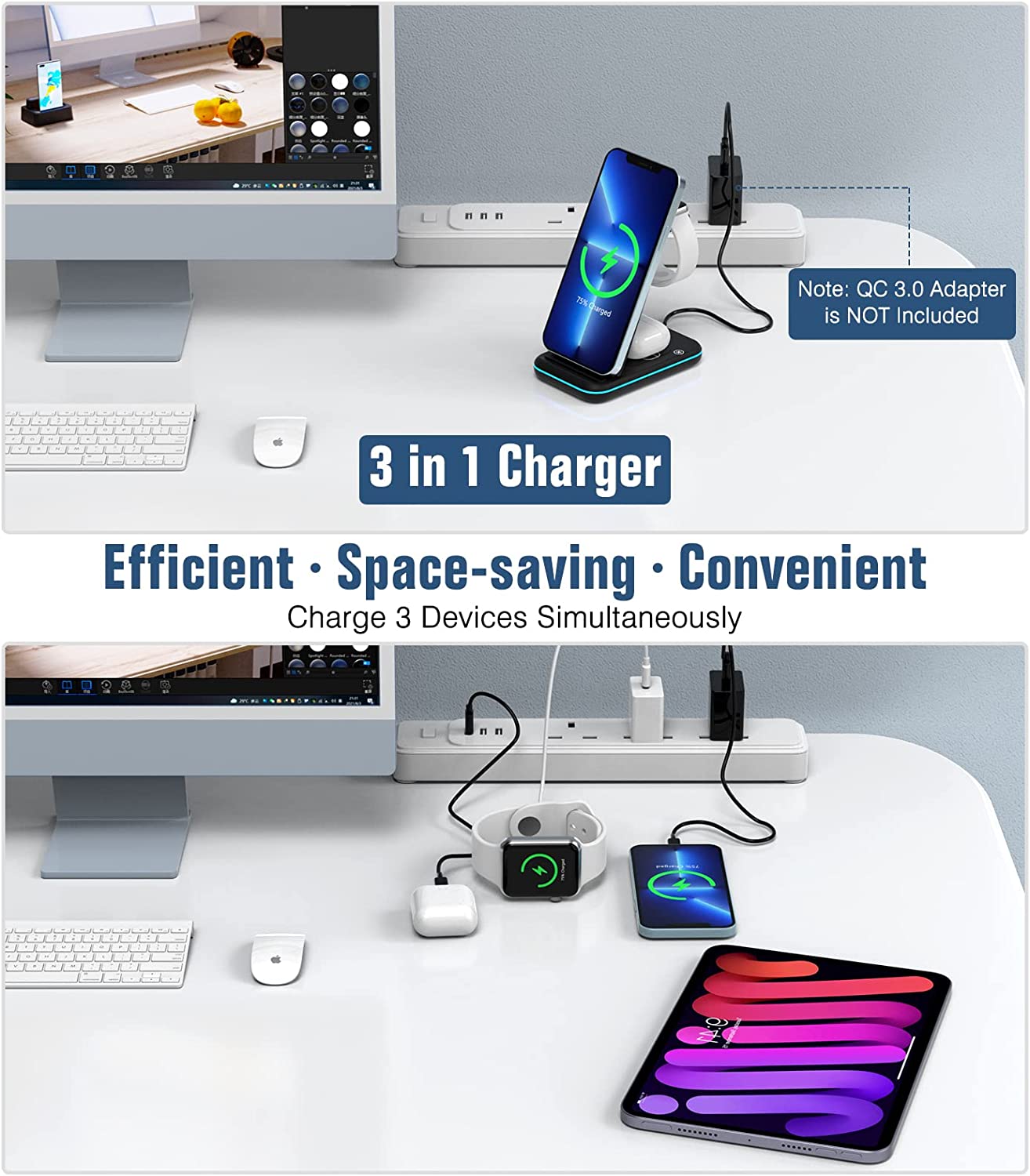MoKo 3 in 1 Foldable Wireless Charger Stand, 15W Fast Charging Station Qi Phone Charger Dock Compatible with iPhone 13/12/Pro/SE/11/X/XS/XR/Samsung Galaxy/Apple Watch SE/7/6/5/4/3/2, AirPods 3/2/Pro