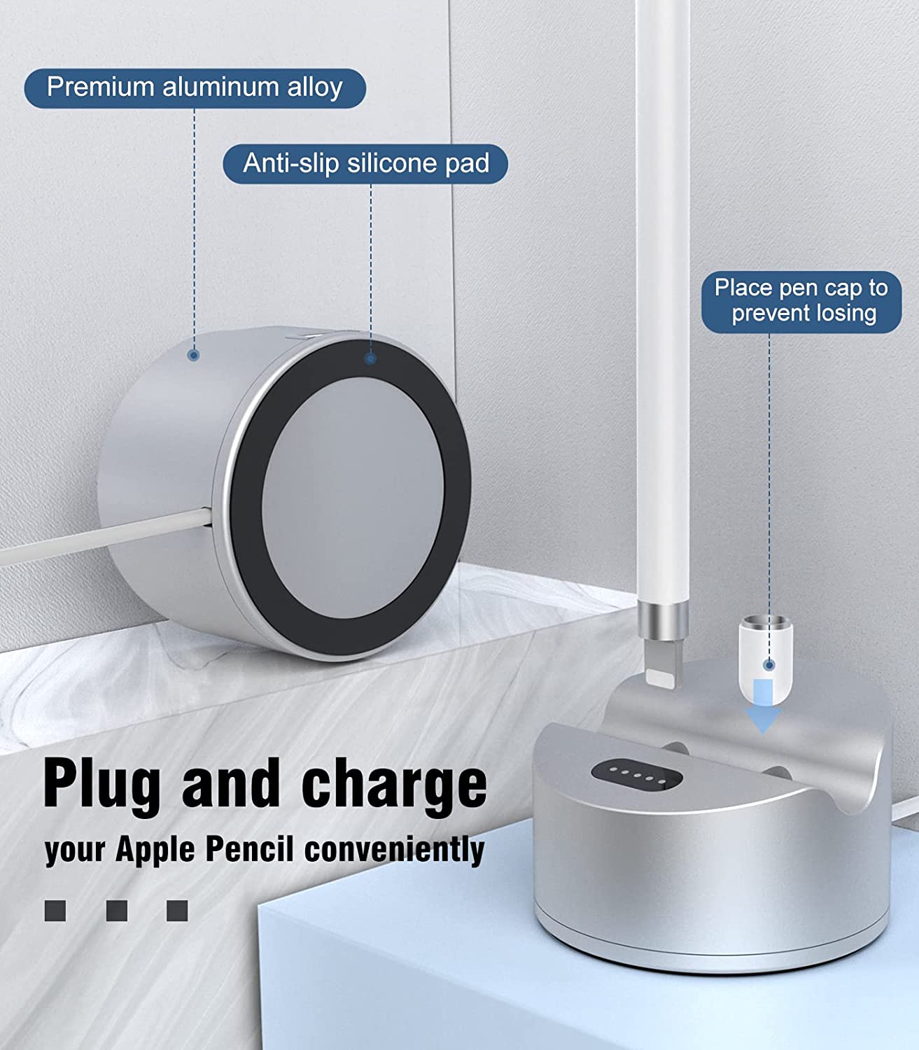 MoKo Charging Stand Adapter Compatible Apple Pencil 1st Generation, iPad Pencil Charger Apple Pen Holder Charging Dock Station with Display Screen USB Port Fit iPad 9th/8th/Pro/Air/Mini, Silver