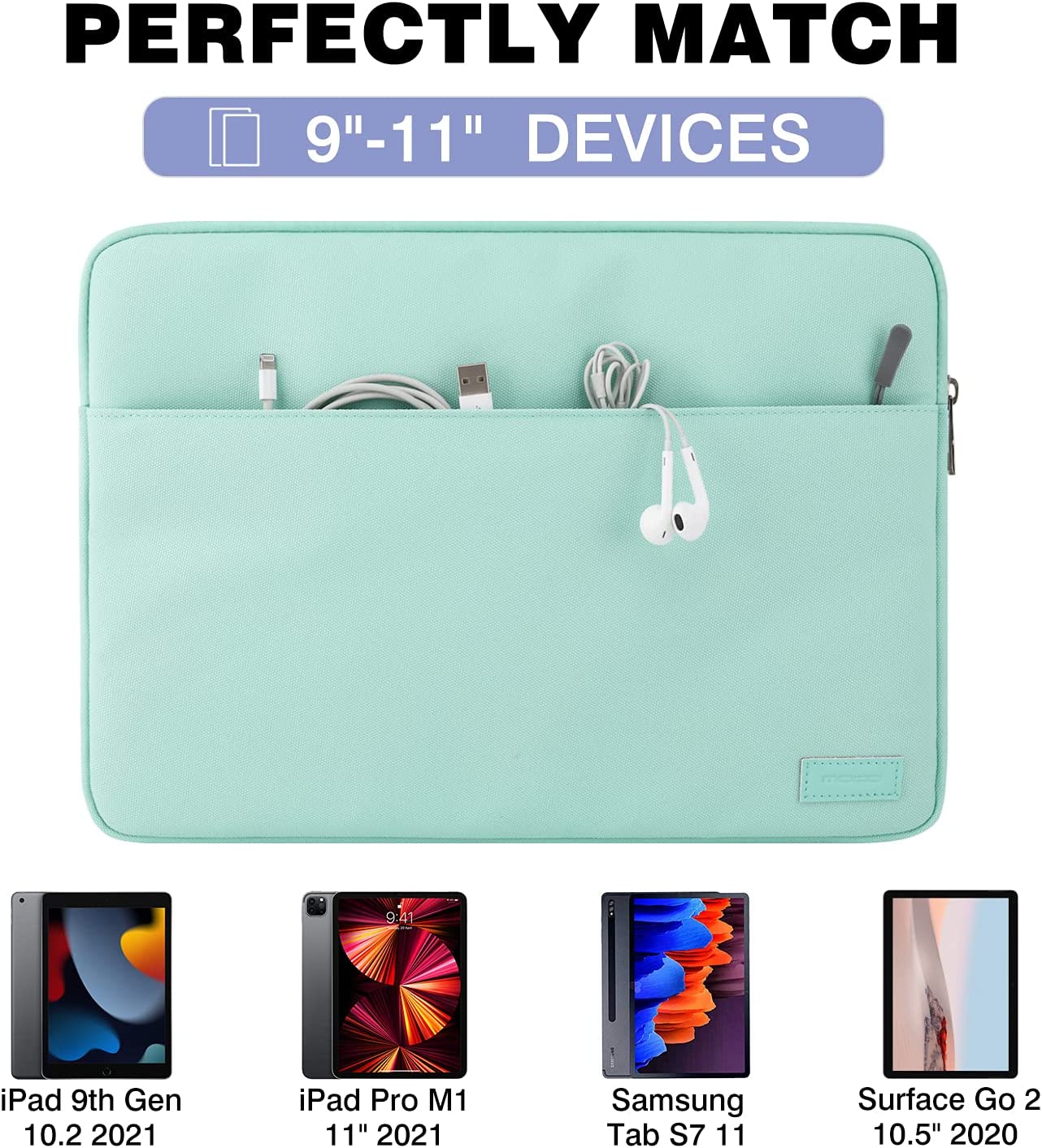 MoKo 11 Inch Tablet Sleeve Bag Carrying Case Fits iPad air 5 10.9 inch 2022, iPad Pro 11 2021-2018, iPad 9/8/7th Gen 10.2, iPad Air 4 10.9/Air 3 10.5, Tab S8 11"/Tab A 10.1, Tab S6, Mint Green