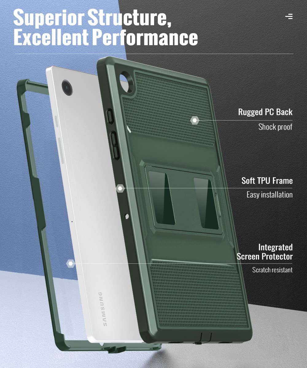 MoKo Case Fits Samsung Galaxy Tab A8 10.5 Inch 2022 (SM-X200/SM-X205/SM-X207), Shockproof Full Body Rugged Stand Back Cover Built-in Screen Protector Fit Galaxy Tab A8 10.5" 2022 Tablet, Green