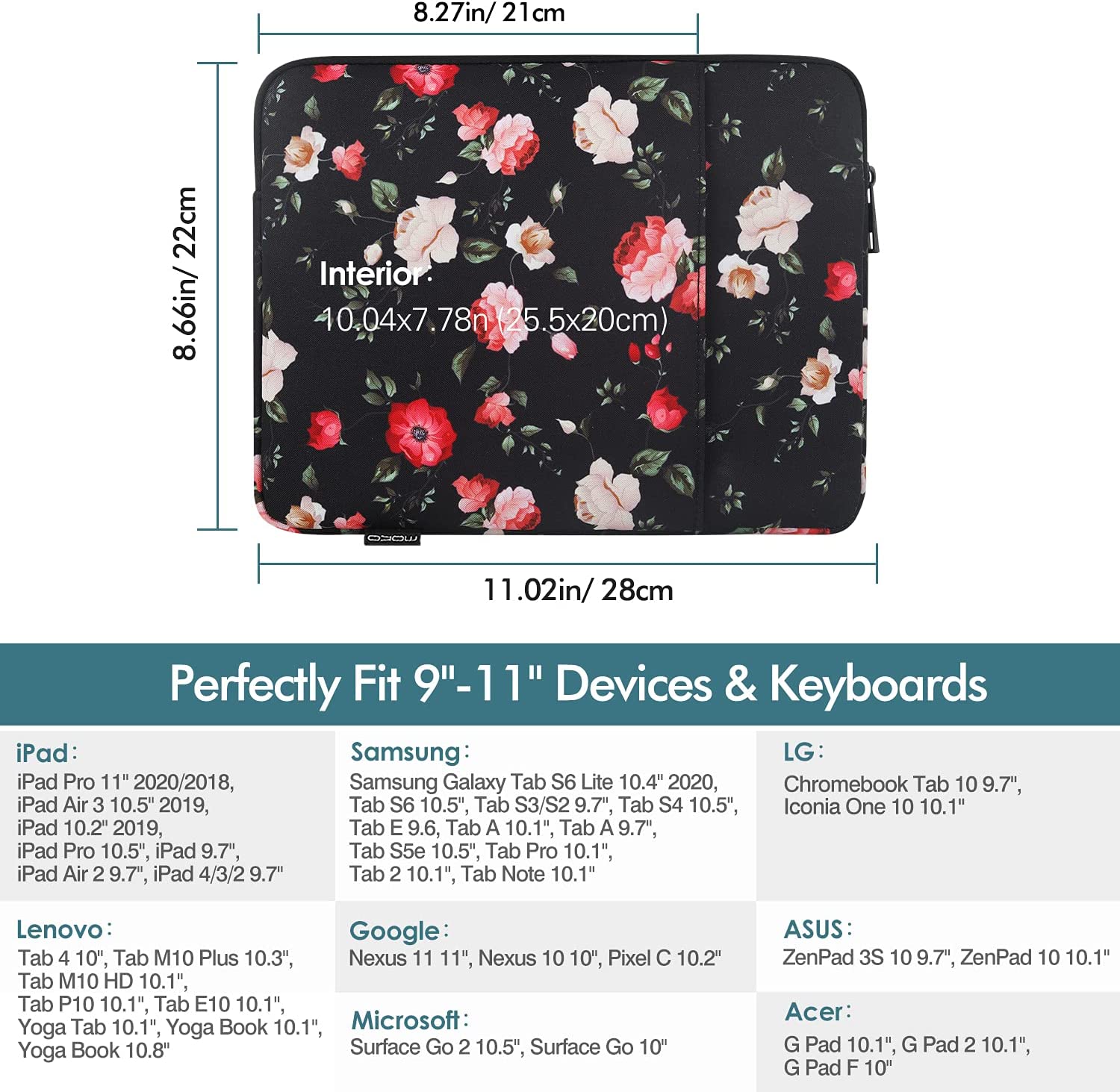 MoKo 9-11 Inch Tablet Sleeve Bag Carrying Case Fit iPad air 5 10.9" 2022, iPad Pro 11 2021-2018, iPad 9/8/7th Gen 10.2, iPad Air 4 10.9, iPad Air 3 10.5, Tab S8/S7/A7 Lite/Tab A 10.1, Night Peony