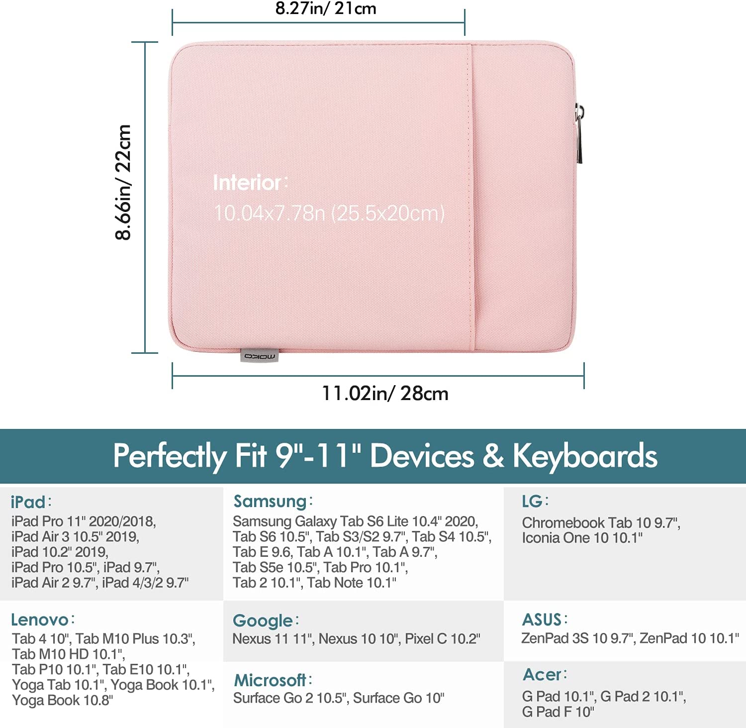 MoKo 9-11 Inch Tablet Sleeve Bag Carrying Case Fit iPad air 5 10.9" 2022, iPad Pro 11 2021-2018, iPad 9/8/7th Gen 10.2, iPad Air 4 10.9, iPad Air 3 10.5, iPad 9.7, Tab S8/S7/A7 Lite/Tab A 10.1, Pink