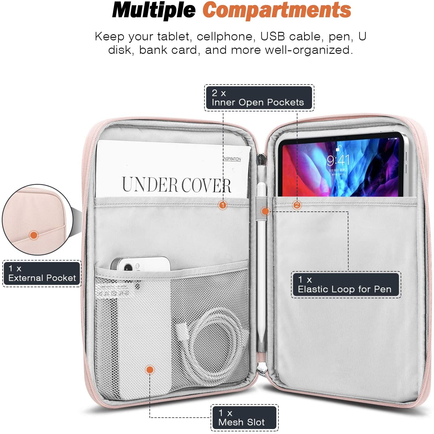 MoKo 9-11 Inch Tablet Sleeve Case, Fits iPad air 5 10.9" 2022, iPad Pro 11 2021-2018, iPad 10.2 2021-2019, iPad Air 4 10.9, Tab S8/A7, Protective Bag Carrying Case with Pocket, Pink